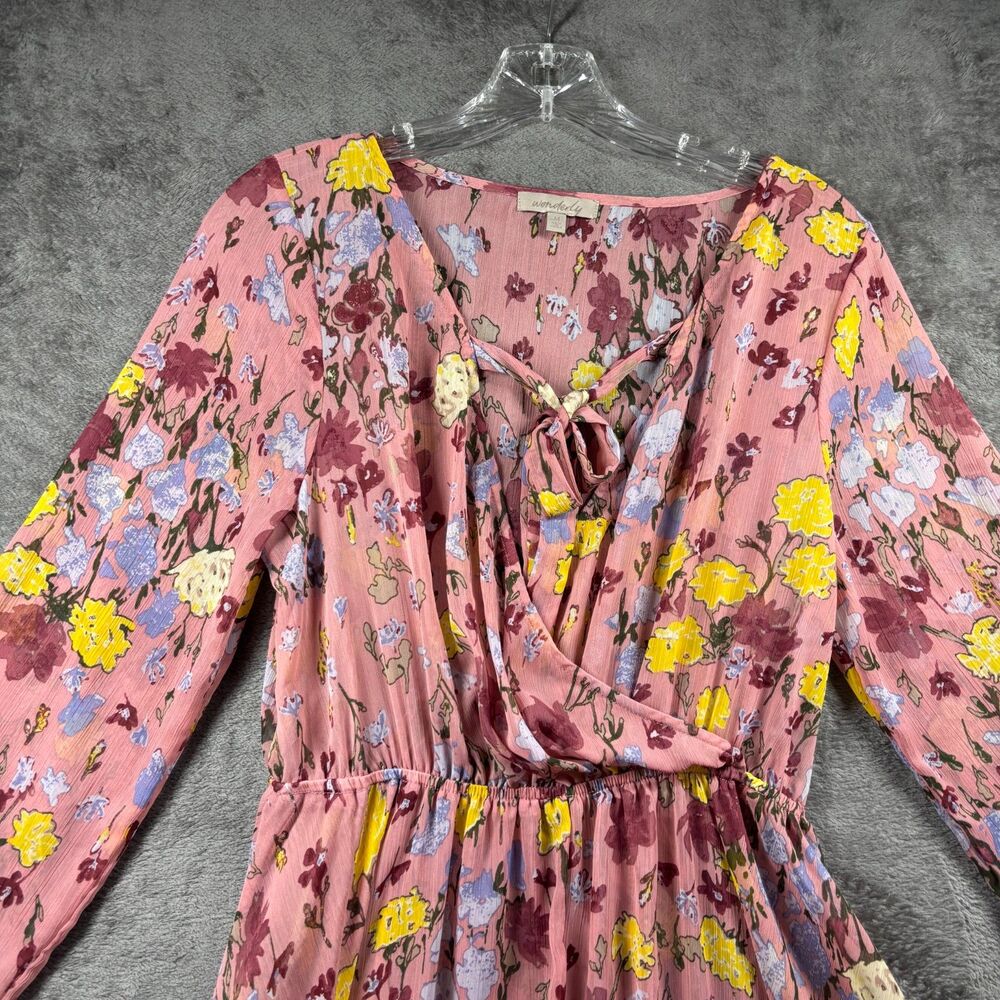 Wonderly Midi Dress Sheer Asymmetrical Hem Boho Flirty Pink Floral Medium H245 - Picture 2 of 10